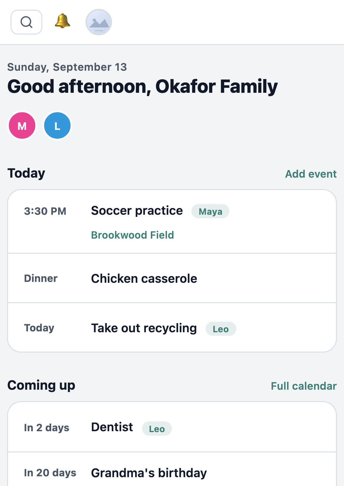 The IOUHome Today screen on a phone: today's events, what is coming up, and what family members added